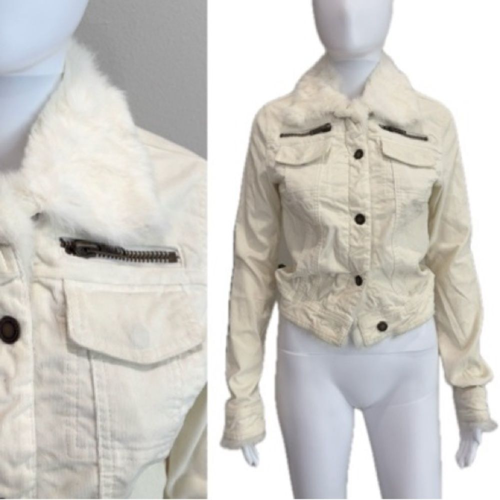 Twill Twenty Two Rabbit Fur Trim Corduroy Jean Jacket Womens Size Small Y2K